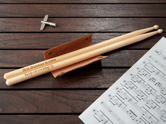 Engraved Drumsticks with Dark Brown Leather Sleeve