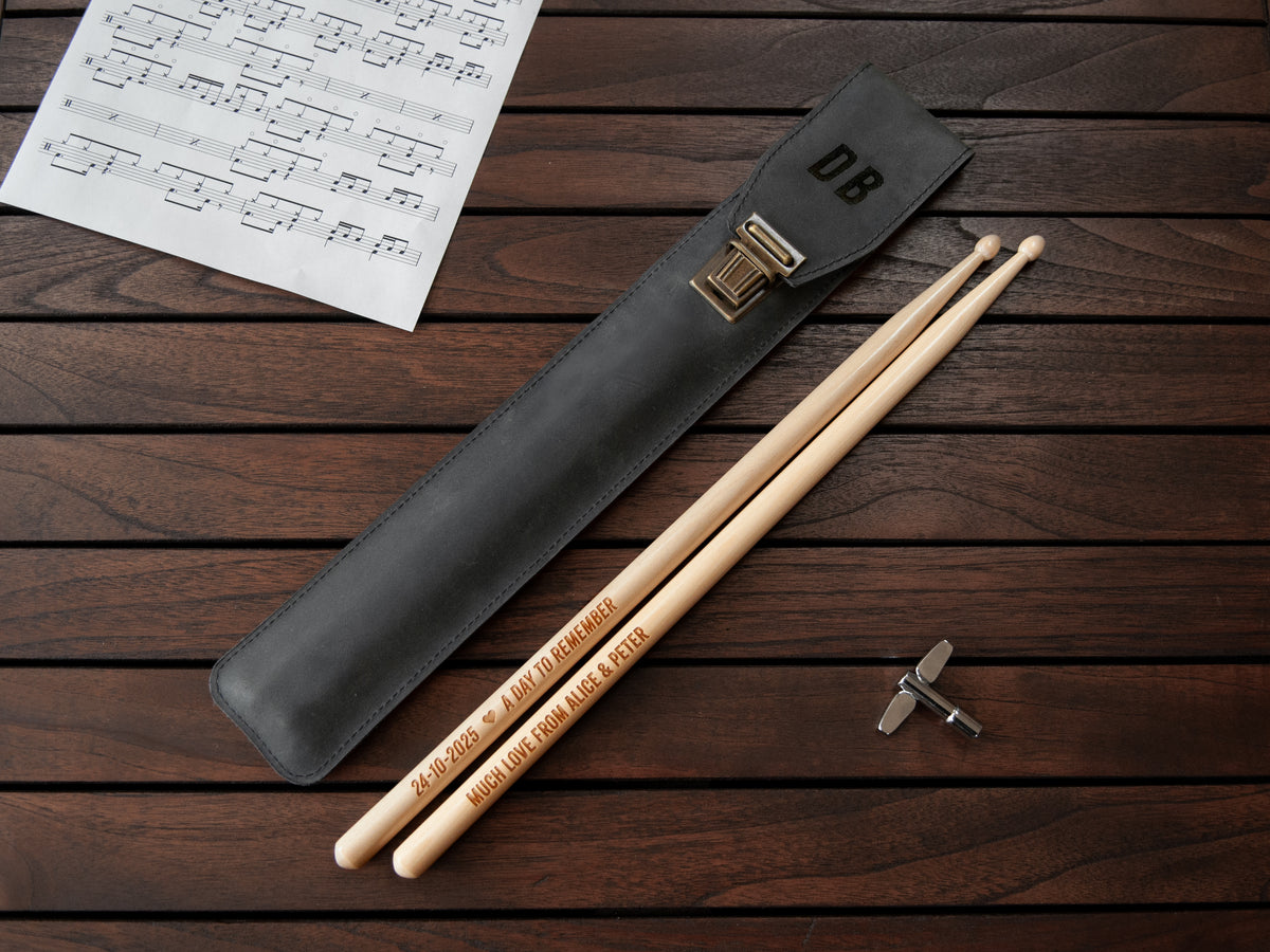Engraved Drumsticks with Black Leather Cover