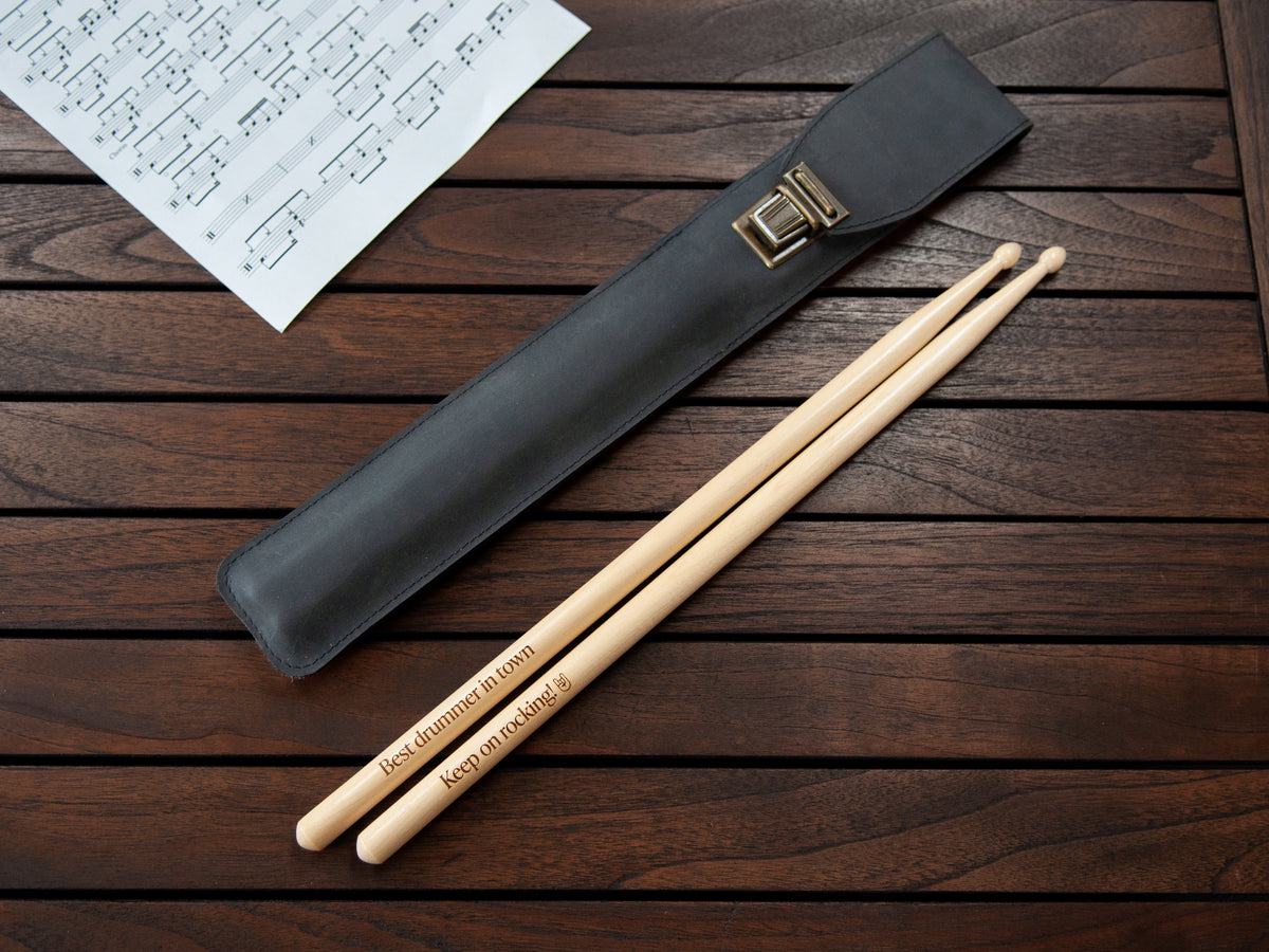 Engraved Drumsticks with Black Leather Cover