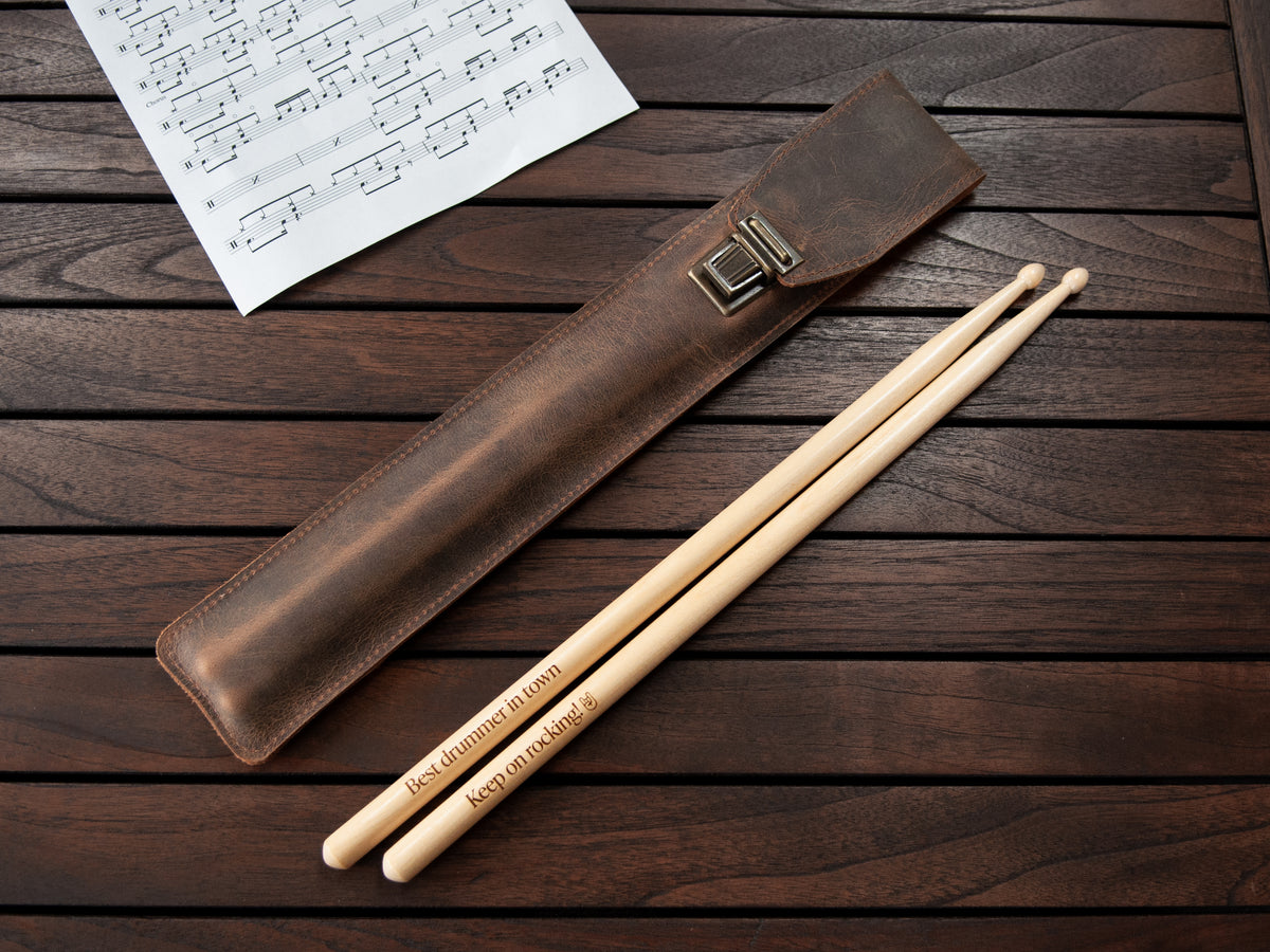 Engraved Drumsticks with Dark Brown Leather Cover