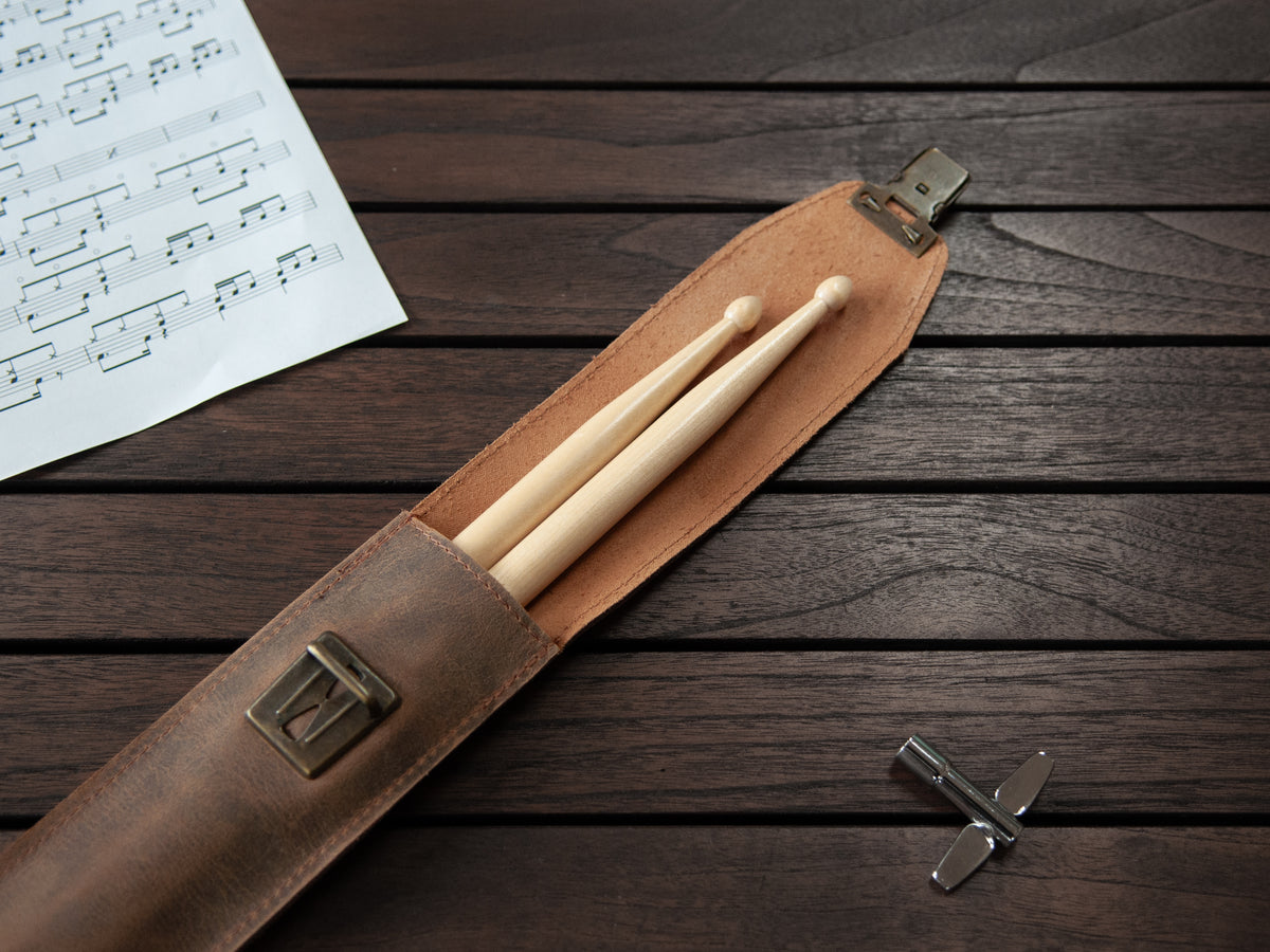 Engraved Drumsticks with Dark Brown Leather Cover