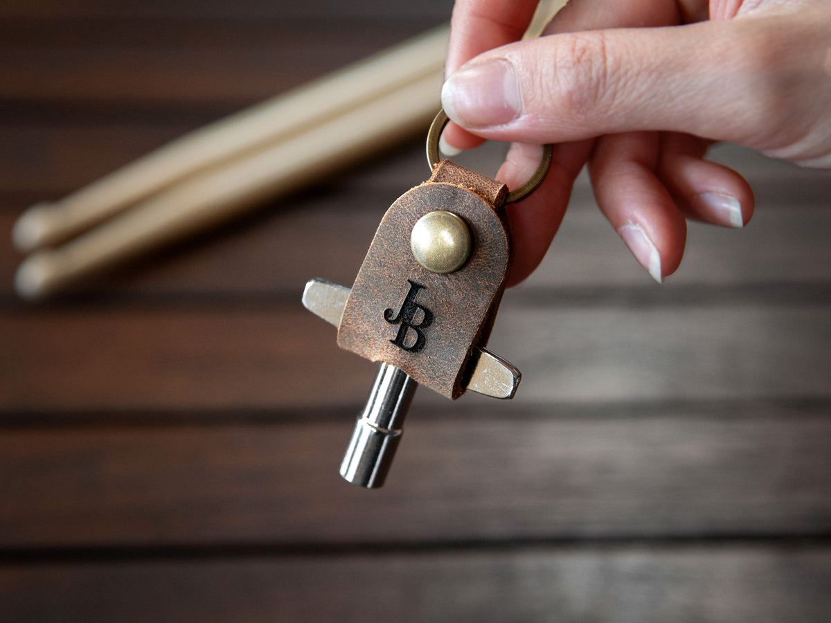 Drum Key With Personalized Leather Holder | Dark Brown